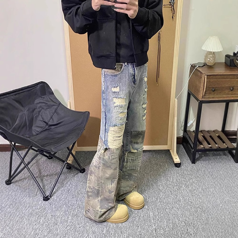American Style Fake TwoPiece Pants Design Sense HighEnd Camouflage Patchwork Jeans Mens Cleanfit StraightLeg Pants y250823