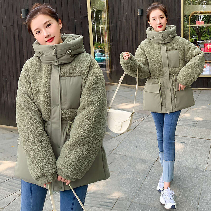 New Korean Fashion Autumn Winter Jacket Patchwork Lamb Wool Thick Loose Cotton Coat For Women B5