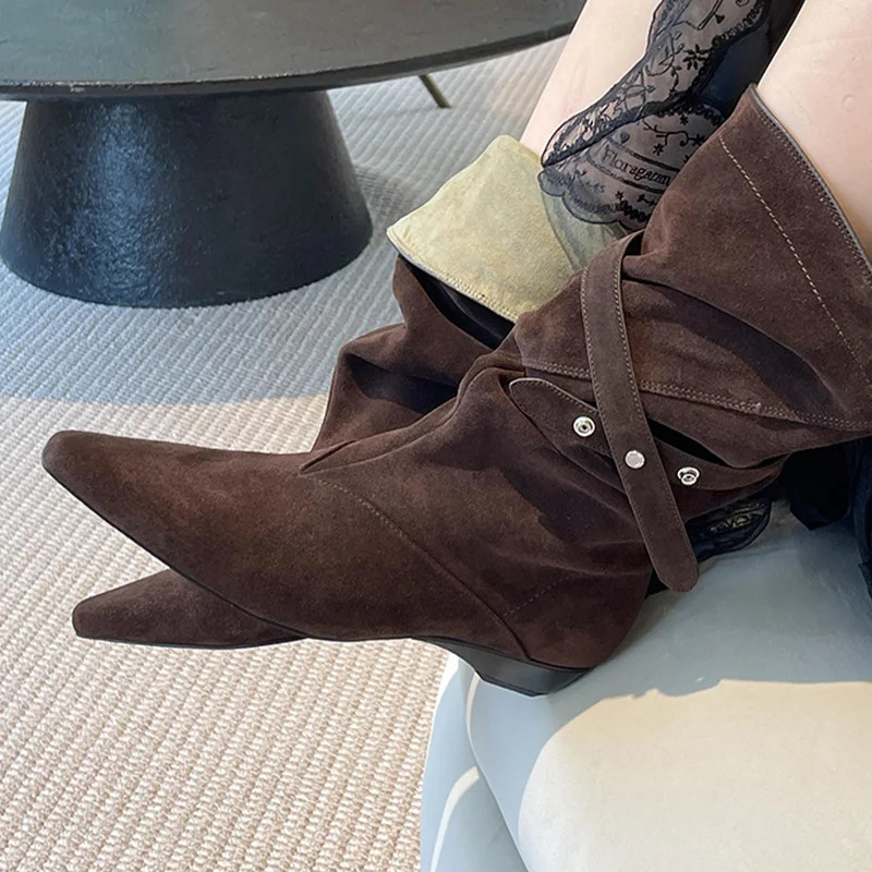 Pointed Toe Womens Boots Flats Suede Gothic Shoes Fad Winter Chelsea Boots Walking Dress Trend Mujer Botas 251011