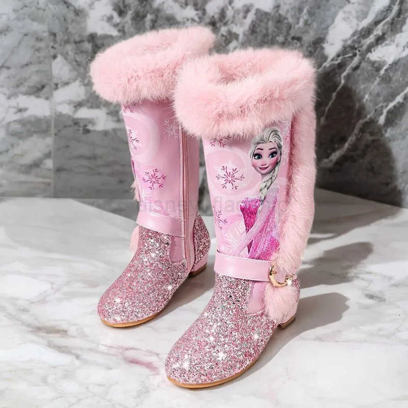 Disney Girls High Heel Boots Winter Childrens High Sleeve Plush Snow Warm Boots Princess Elsa Long Pink Blue Boots Size 2637XJ251013