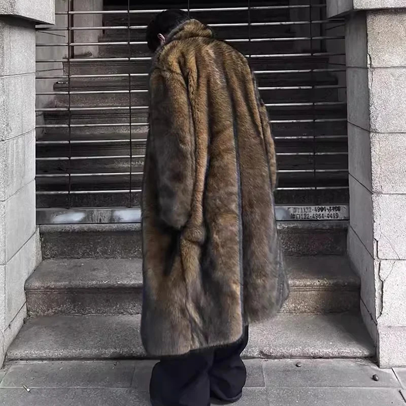 Mens fur coat Wolf fur fox fur lapel long overcoat winter windproof and warm windbreaker large size 251011