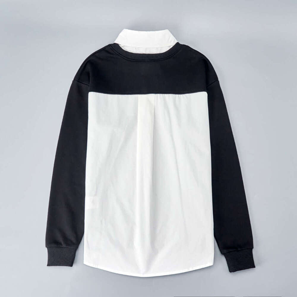 Cotton Circle Front And Back Spliced Shirt Collar Casual Long Sleeve Sweatshirt Fake Two Pieces B5