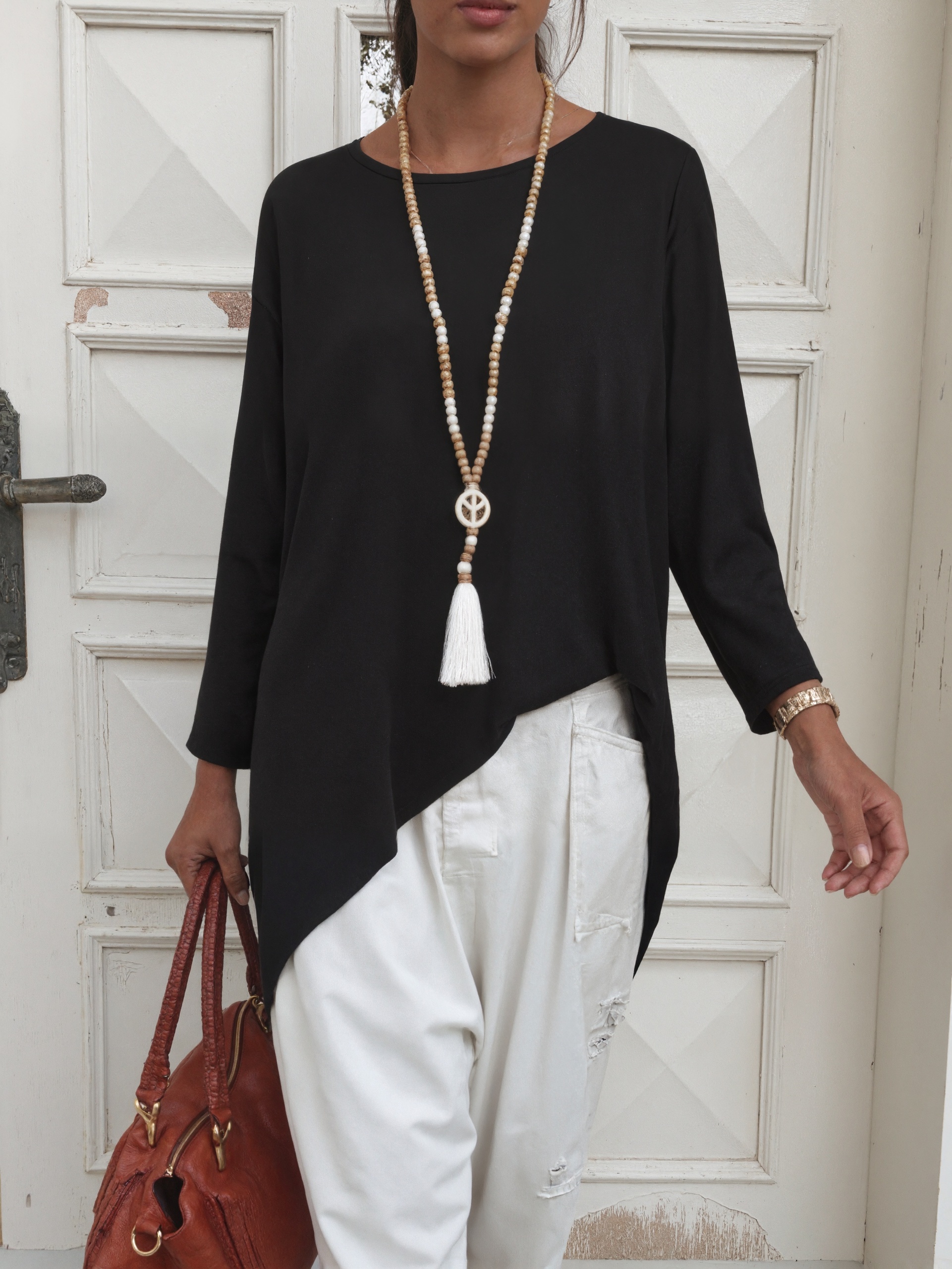 Women's Autumn Winter French - Style Elegant Long - Sleeve Top - Minimalist Layered & Loungewear Black Top-CF52726