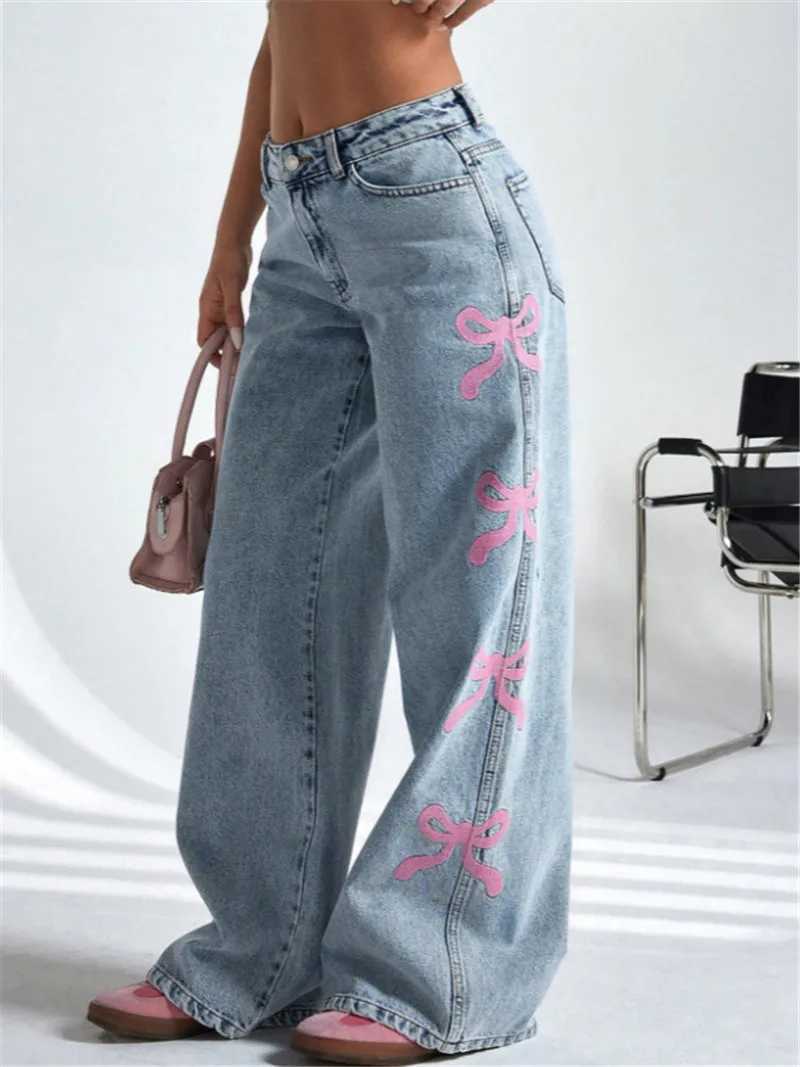 Women Jeans Wide Leg Pants Bow Washed High Waist 2025 Streetwear Denims Distressed Vintage Straight Ankle Length TrousersT251013