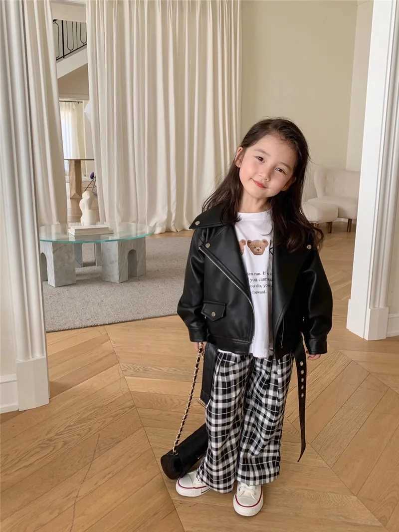Korean Version Children Jackets 2025 Autumn Winter Fashion VNeck Outerwear Boys Girls Short Style Motorcycle Leather Jacket C251013