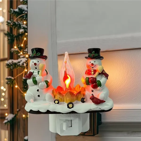 Plug-In Resin 3D Flameless Candle Night Light - Snowman Flameless Campfire Night Light Perfect For Christmas Decoration And Bedroom Atmosphere