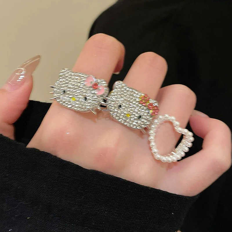 Sanrio Cute Hello Kitty Rhinestones Rings Anime Sanrio KT Cat Rings Adjustable Pearl Heart Rings Jewelry Girl Gifts H251201