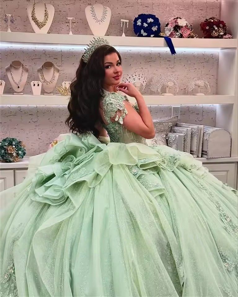 Mint Green Princess Quinceanera Dresses Off Shoulder Applique Lace Beading Crytals Tull Sweet 16 Dress Ball Gown Vestidos de 15 Anos Robes For Birthda