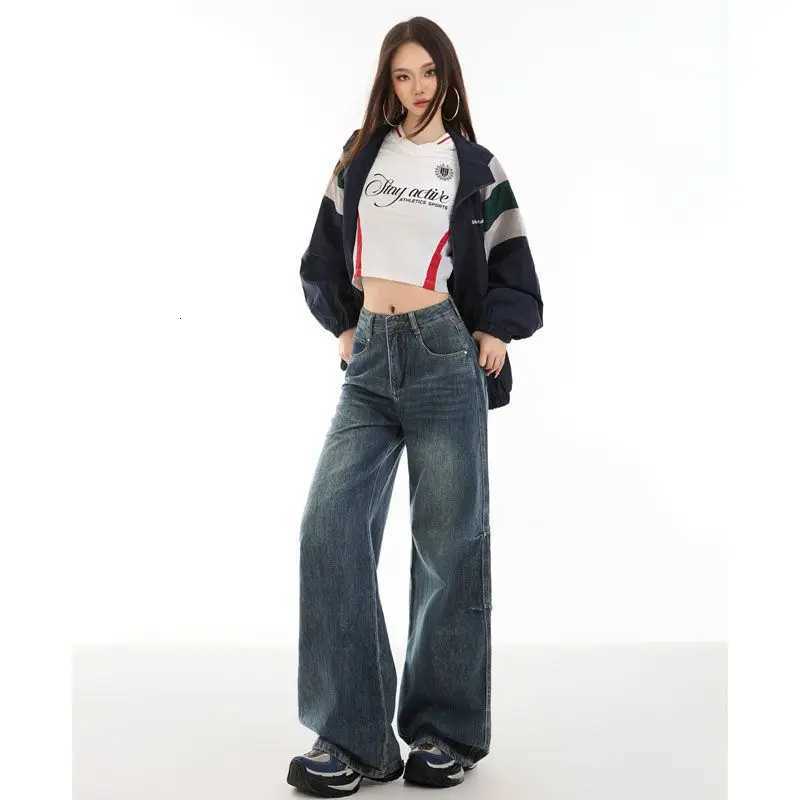 American Vintage Washed Jeans Casual Design Slimming Effect with Draping WideLeg Pants Y2k 2000s Clothes Womens PantsT251013