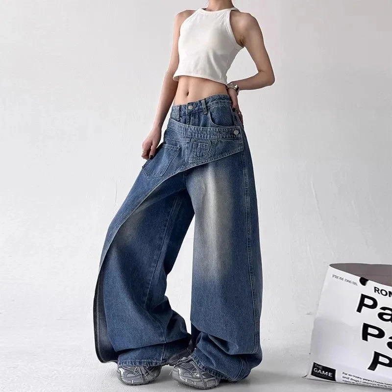 Y2K Fashion Irregular Patchwork Jeans Women Korean Chic Streetwear Hip Hop Straight Trousers Bf High Waist Casual Denim 251010 - view 3