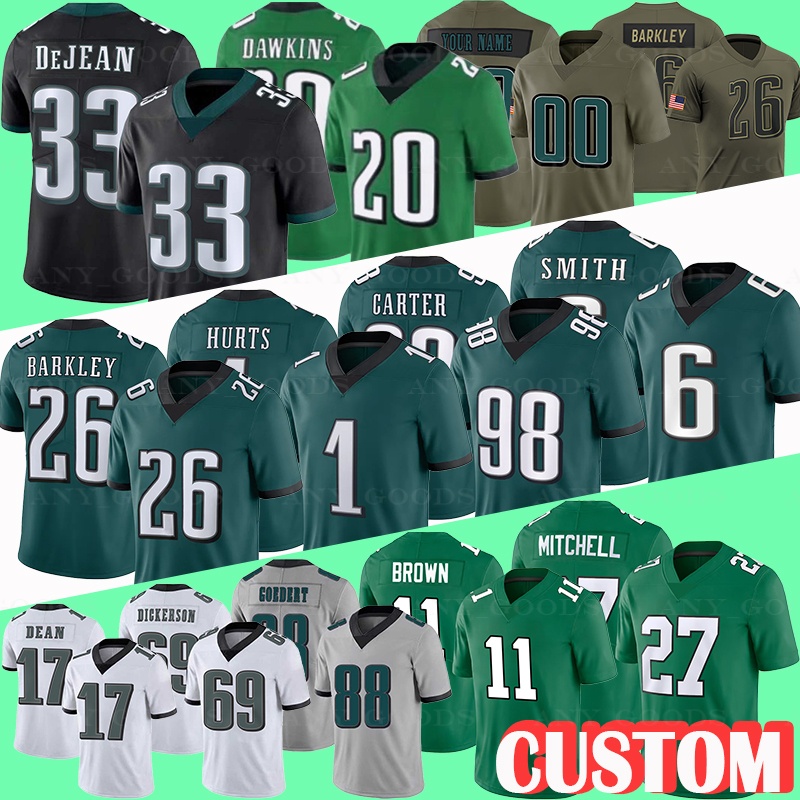 2025 New Football Jersey 33 Cooper DeJean 26 Saquon Barkley 1 Jalen Hurts 98 Jalen Carter 6 DeVonta Smith 27 Quinyon Mitchell 11 A.J.Brown 69 Landon Dickerson 17 Dean