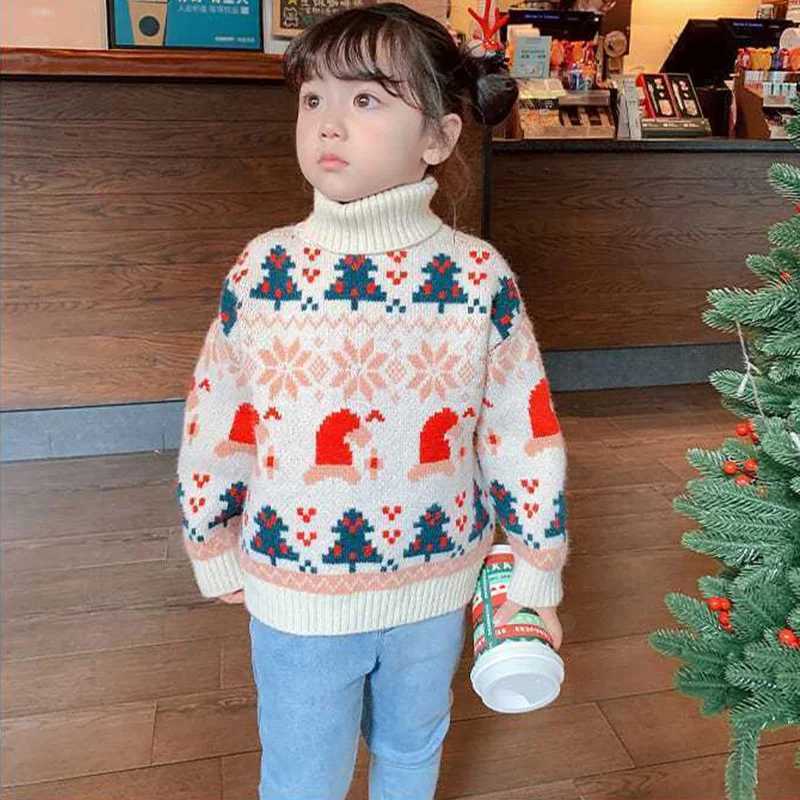 Girls High Neck Sweater Thickened Autumn and Winter New Fashionable Christmas Pattern Girls Knitted Sweater Sweet and Cute C251013