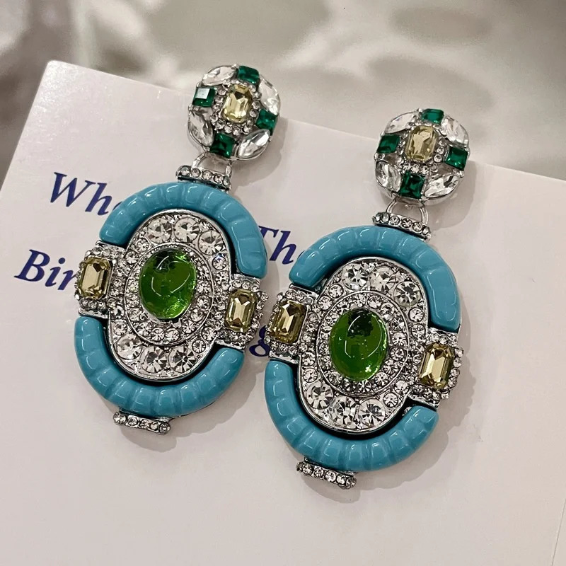 Vintage Turquoise Emerald Silver Drop Dangle Earring Victorian Era Full Diamond Gemstone Blue Ear Stud Chunky Statement Jewelry 251011