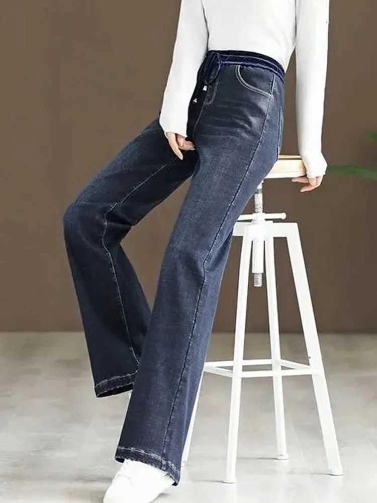 Winter Wide Leg Denim Pants Women Thicken Plush Velvet Lined High Waist Jeans Lace Up Warm Baggy Straight Vaqueros PantalonesT251013