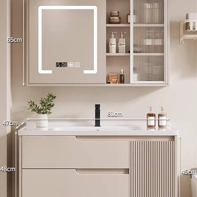 Integrated ceramic basin cream-style bathroom cabinet set - modern solid wood toilet sink, washbasin, and washstand