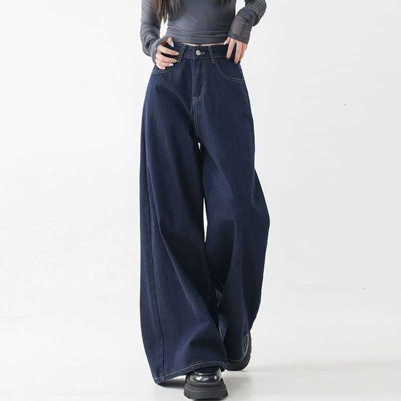 High Waist Straight Leg Loose Fit Denim Jeans Womens Floor Length Lazy Wide Leg Meat Concealing Deep Blue American Style Long PT251013