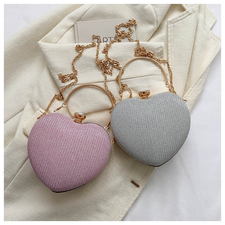 High-end Textured Versatile Chain Handbag for Weddings & Evening Parties Women's Cute Heart-shaped Mini Clutch with Rhinestones (Top-handle, Shou