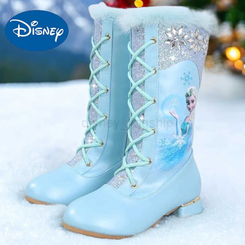 Disney Girls Leather Boots Winter Cartoon Frozen Boots Side Zipper High Plush Princess Elsa Boots Warm Childrens Boots Size 27XJ251013
