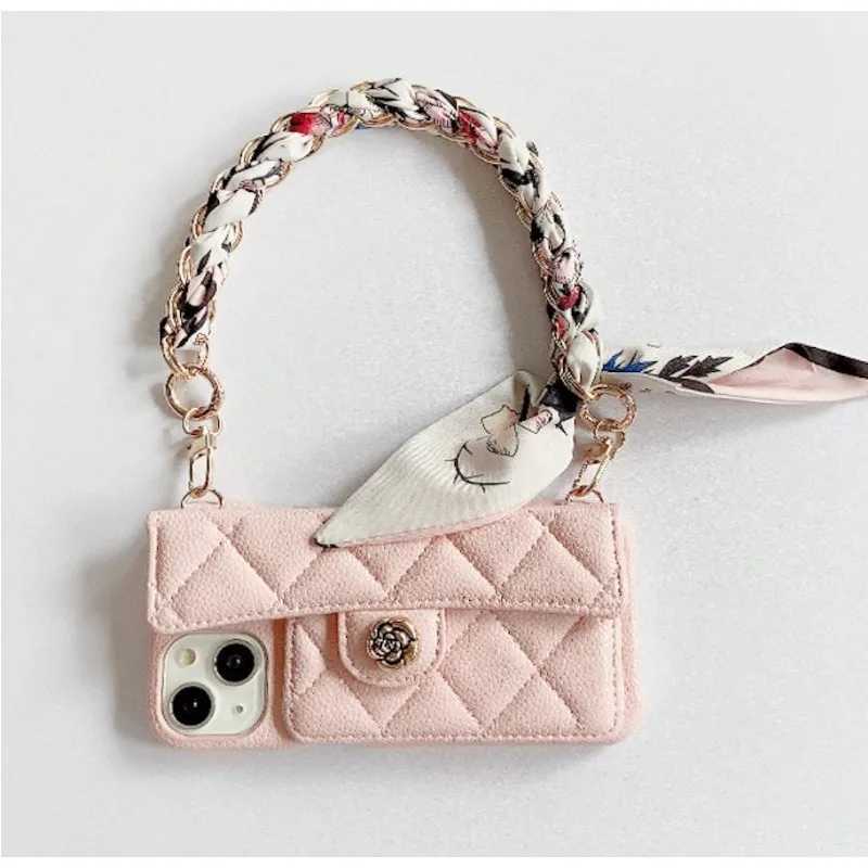 Camellia Flower Lambskin Leather Case For iPhone 17 Air 16 15 14 13 Pro Max Plus Hand Chain Of Silk Scarves Card Wallet Cover J251202