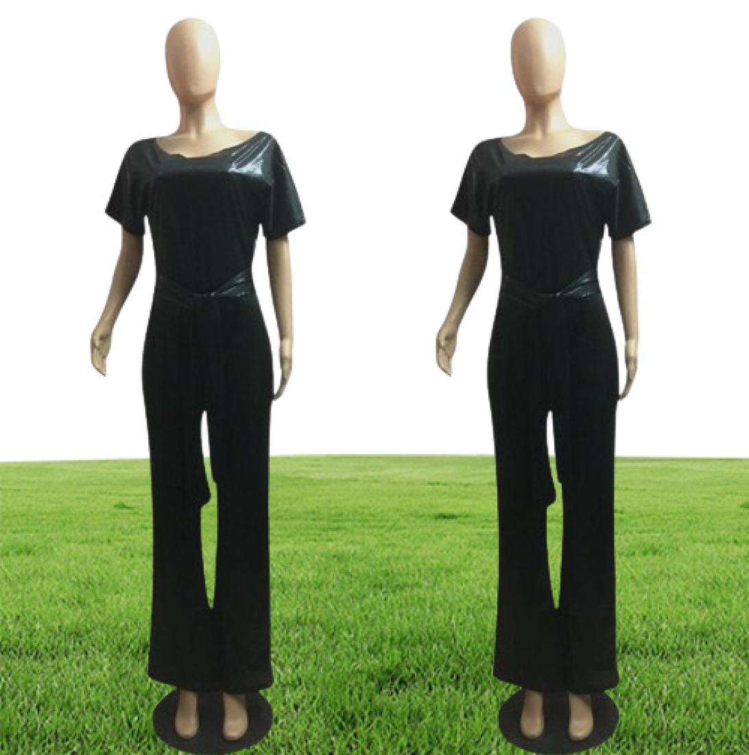 2020 fashion shiny party women039s sequined jumpsuits sexy skew collar short sleeve rompers wide leg pants laceup fashion over9908195
