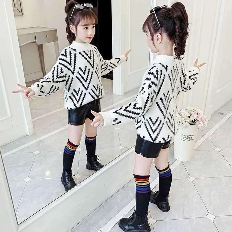 2025 New AutumnWinter Stylish Girls Mink Fur Sweater FleeceLined Thickened Knit Base Layer for Children Crewneck Top C251013