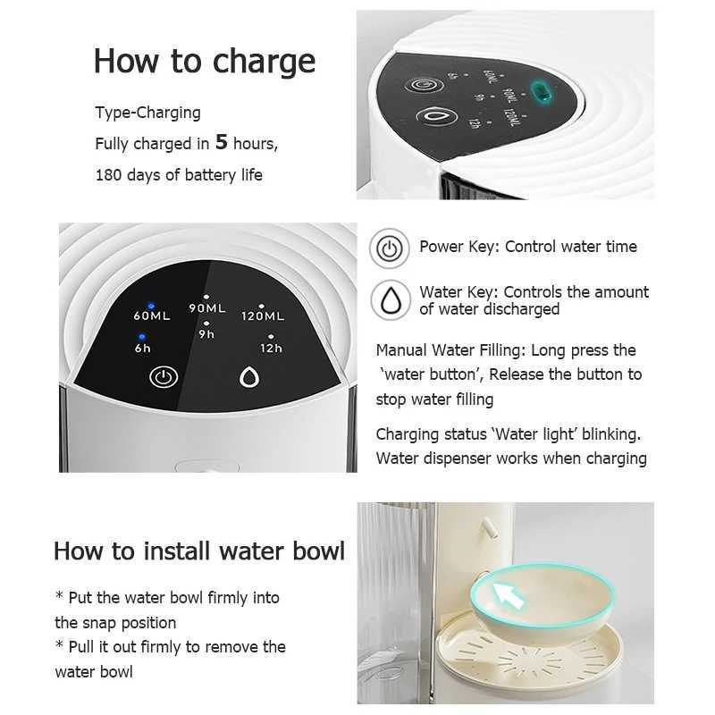 3L Wireless Automatic Pet Water Fountain Rechargeable Dump Water Feeder Timed Smart Cat Dog Water Dispenser No filter required C251013
