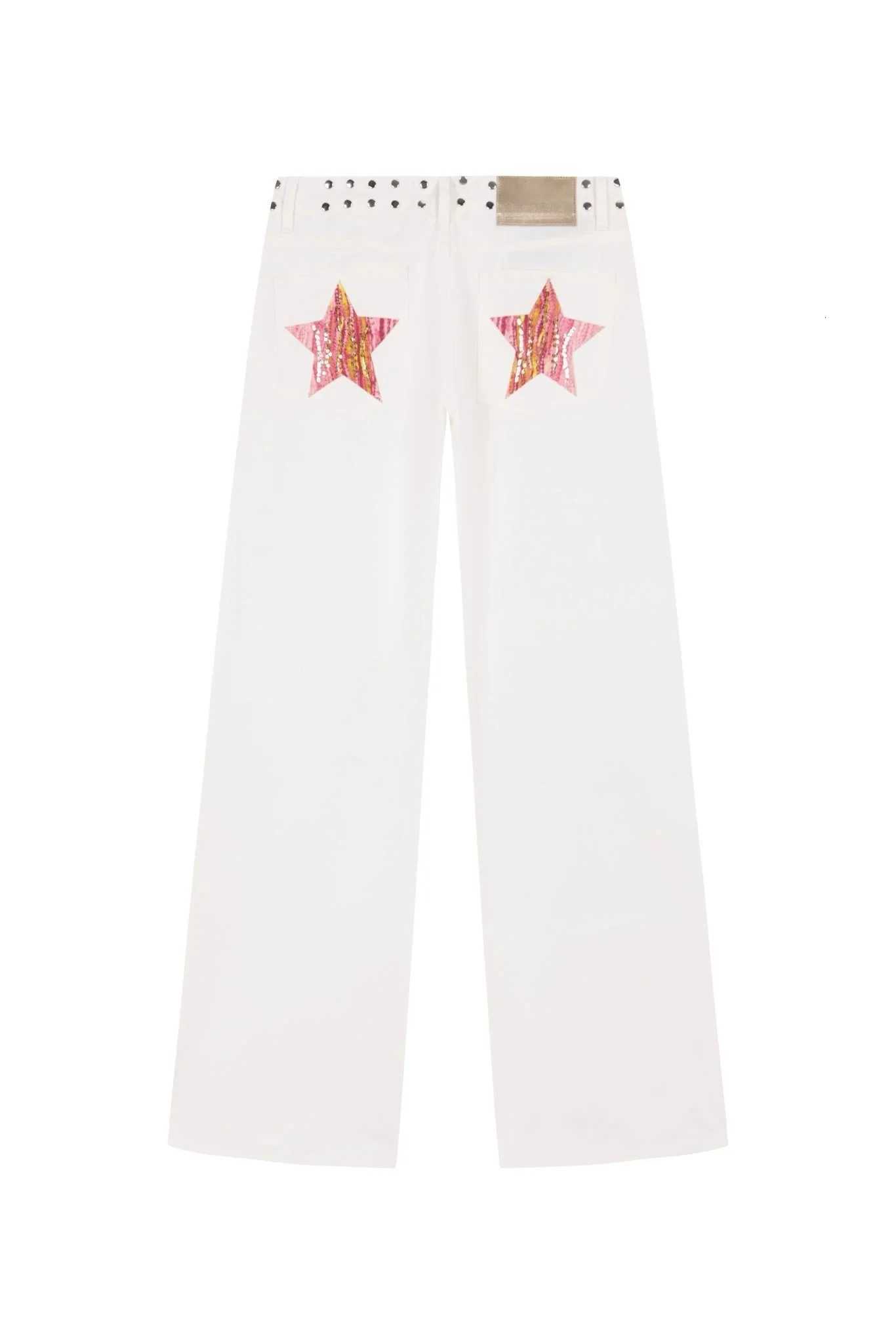 Spanish Strt Fashion ONE DILEMMA Style Rivet Fivepointed Star Pattern White Jeans Womens Autumn Slim Straight Pants C251013