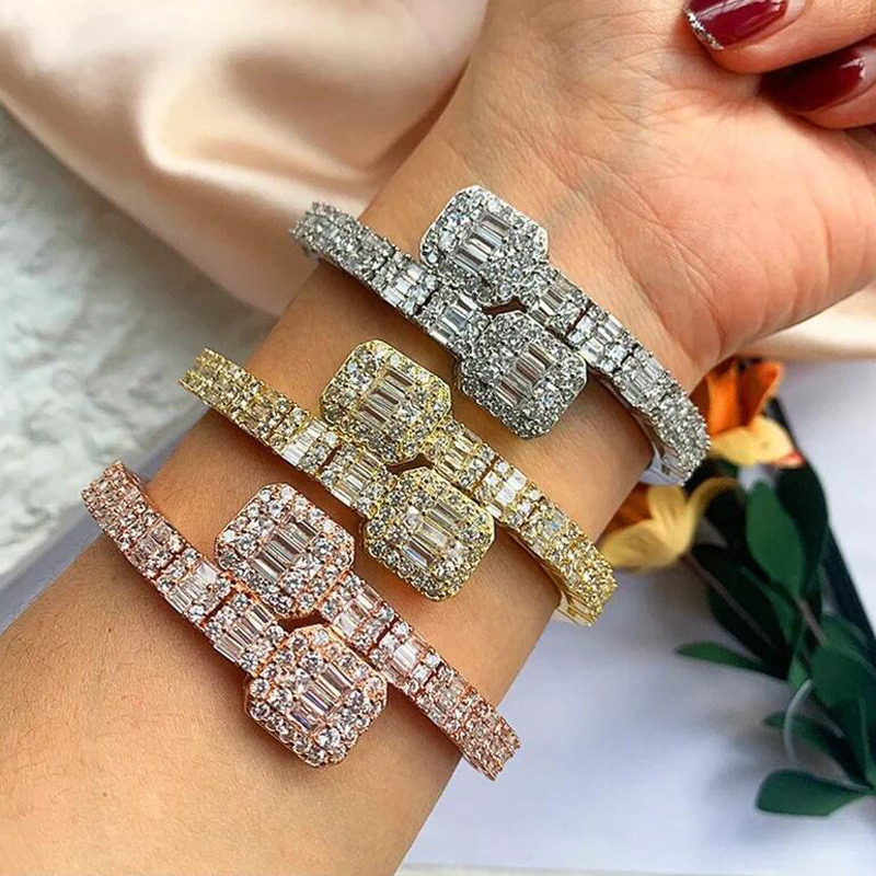 New Hip Hop Bracelet with Square Zircon Full Diamond Opening and Punk Style Bracelet in Electric Gold and Silver