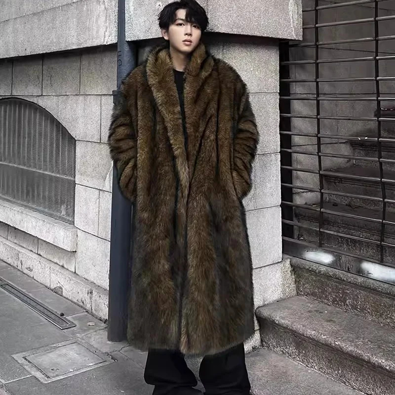 Mens fur coat Wolf fur fox fur lapel long overcoat winter windproof and warm windbreaker large size 251011