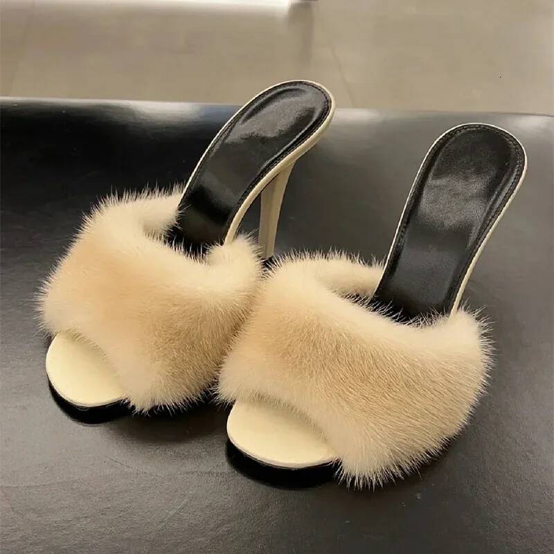Mink fur high heels women, slim heels, summer new style, open toe slippers, sexy fish mouth leather party sandals for women ddmypanda