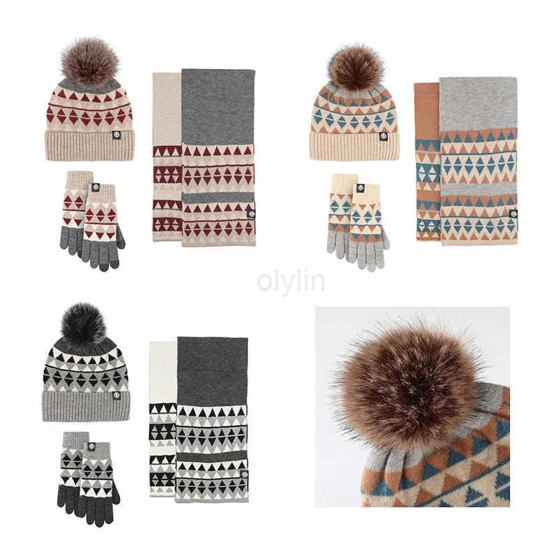 Knitted Gloves Scarf Hat ThreePiece Set Men Women Autumn Winter 30Wool Blend Windproof Beanie Fashion Trend Warm Muffler Sets M251013