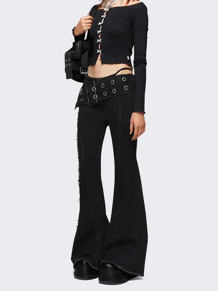 Womens black classic laceup buckle decoration design stylish casual fur edge stretch slim flared jeansT251013