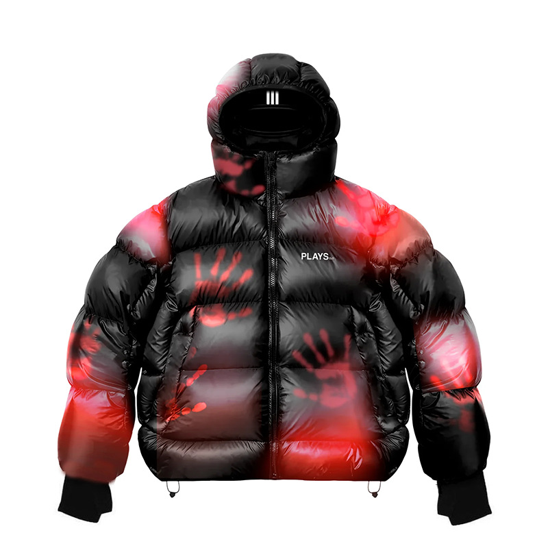 PLAYSCLO Men's Down Jacket handprint pattern Hooded Balaclava Cotton Jacket Street Style Windproof & Waterproof Russian Niche Design Warm Unisex 
