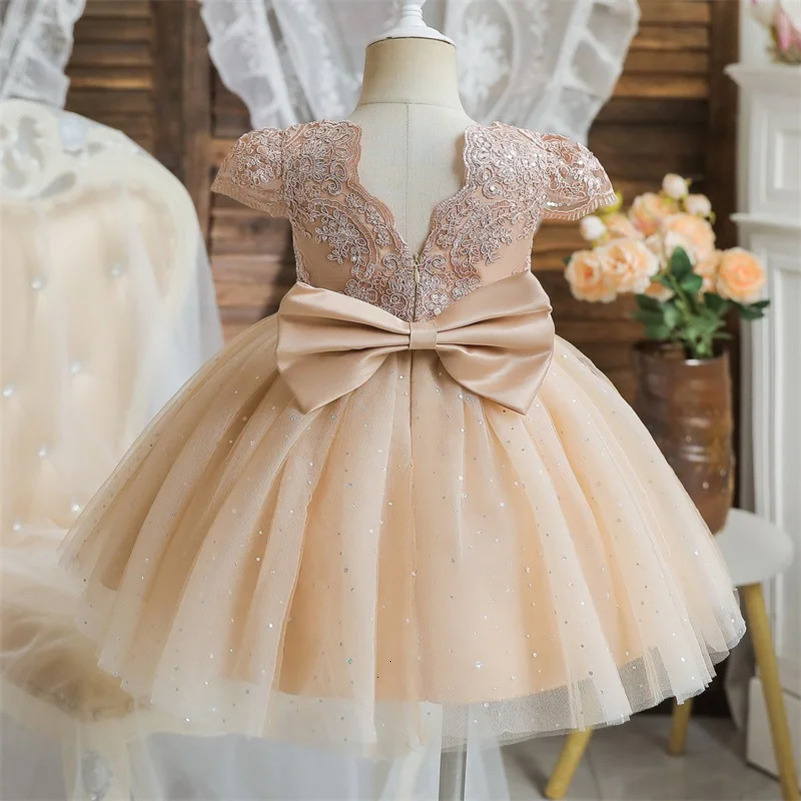 Champagne Flower Girl Dress Vintage Lace Princess Ball Gown Toddler Christening Birthday Prom Gown Bow V-Back Tulle Tutu Dresses 250210