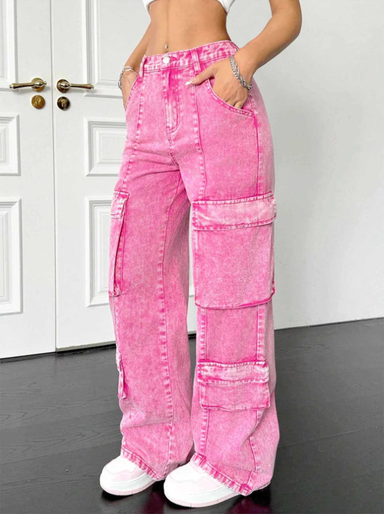 Pink cotton womens wideleg loosefitting jeans multipocket Y2K style pink fashionable jeansT251013