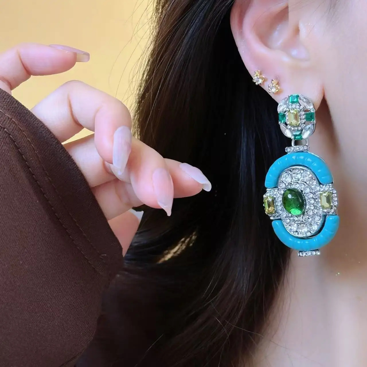 Vintage Turquoise Emerald Silver Drop Dangle Earring Victorian Era Full Diamond Gemstone Blue Ear Stud Chunky Statement Jewelry 251011 - view 6