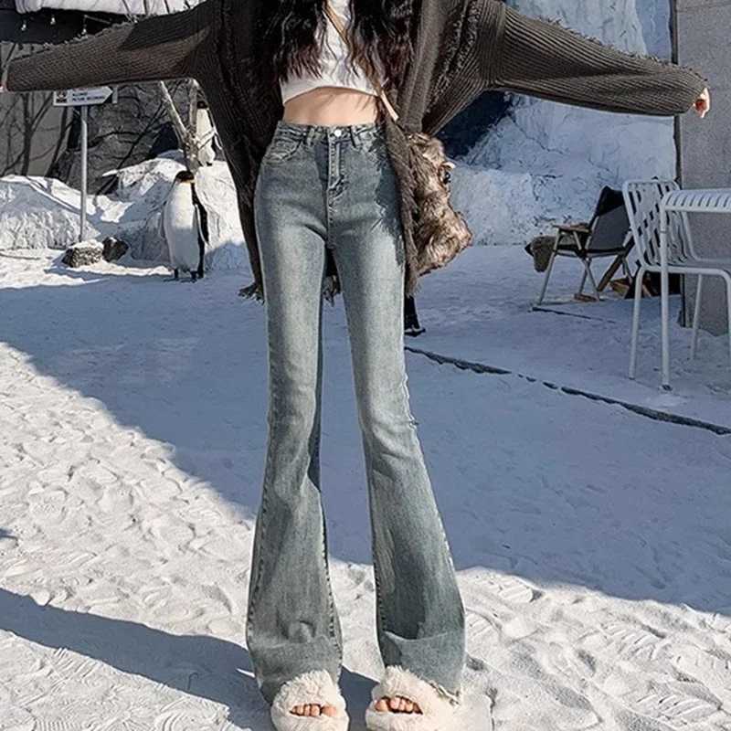 2024 Woman High Waist Vintage Flare Jeans Female Gothic Elastic Bell Bottom Pants Lady Streetwear Blue Black Grey Denim TrousersT251013