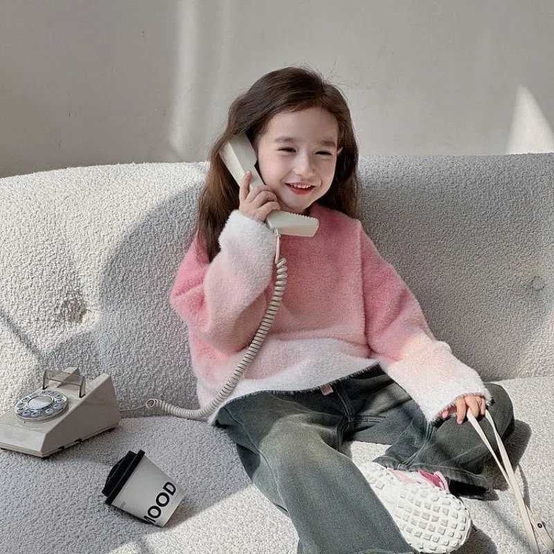 2025 Winter Plus Size Stylish Girls Kids Peach Pink Gradient Oversized Faux Mink Fur Soft Knit Trendy Sweater C251013