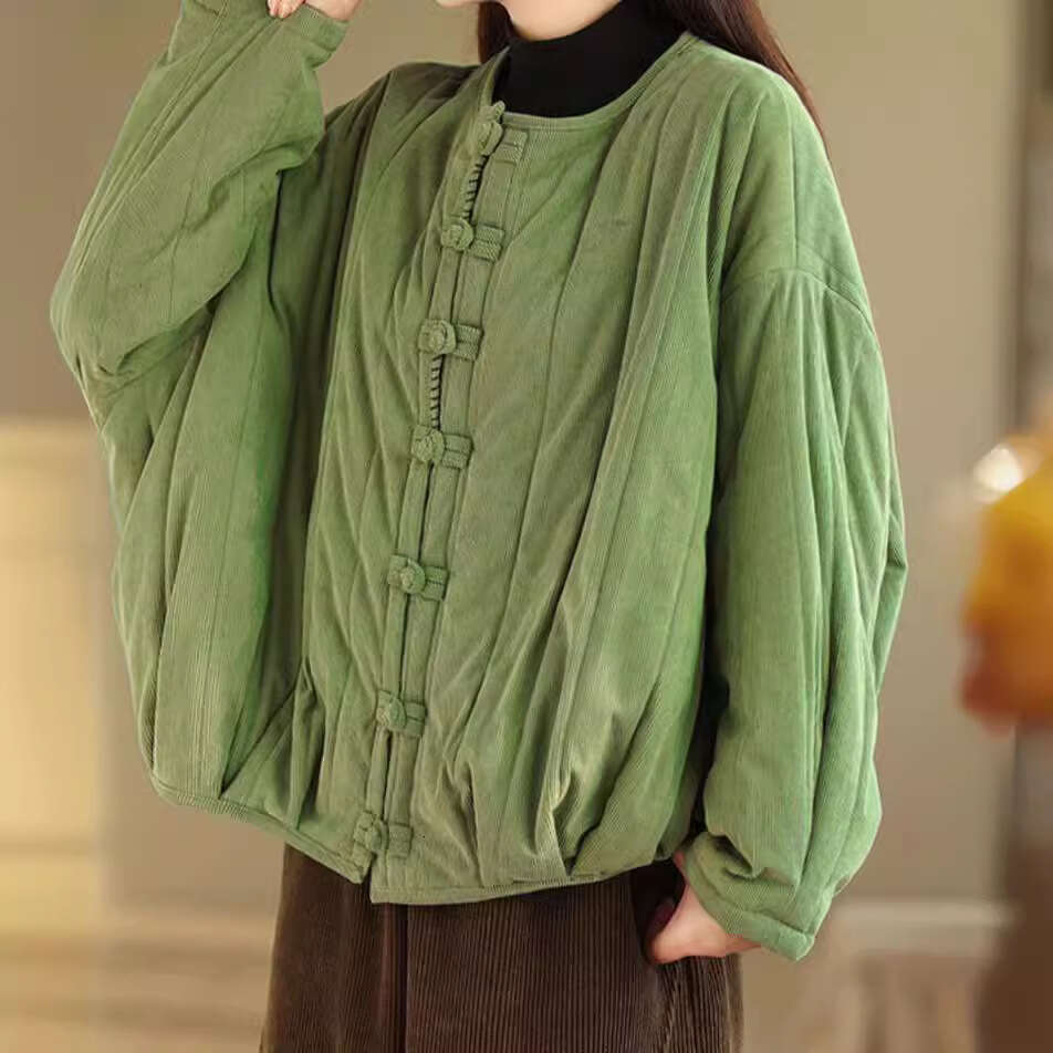 Plus Size Artistic Loose Corduroy Quilted Jacket For Autumn And Winter New Chinese Style Button Warm Cotton Coat B5