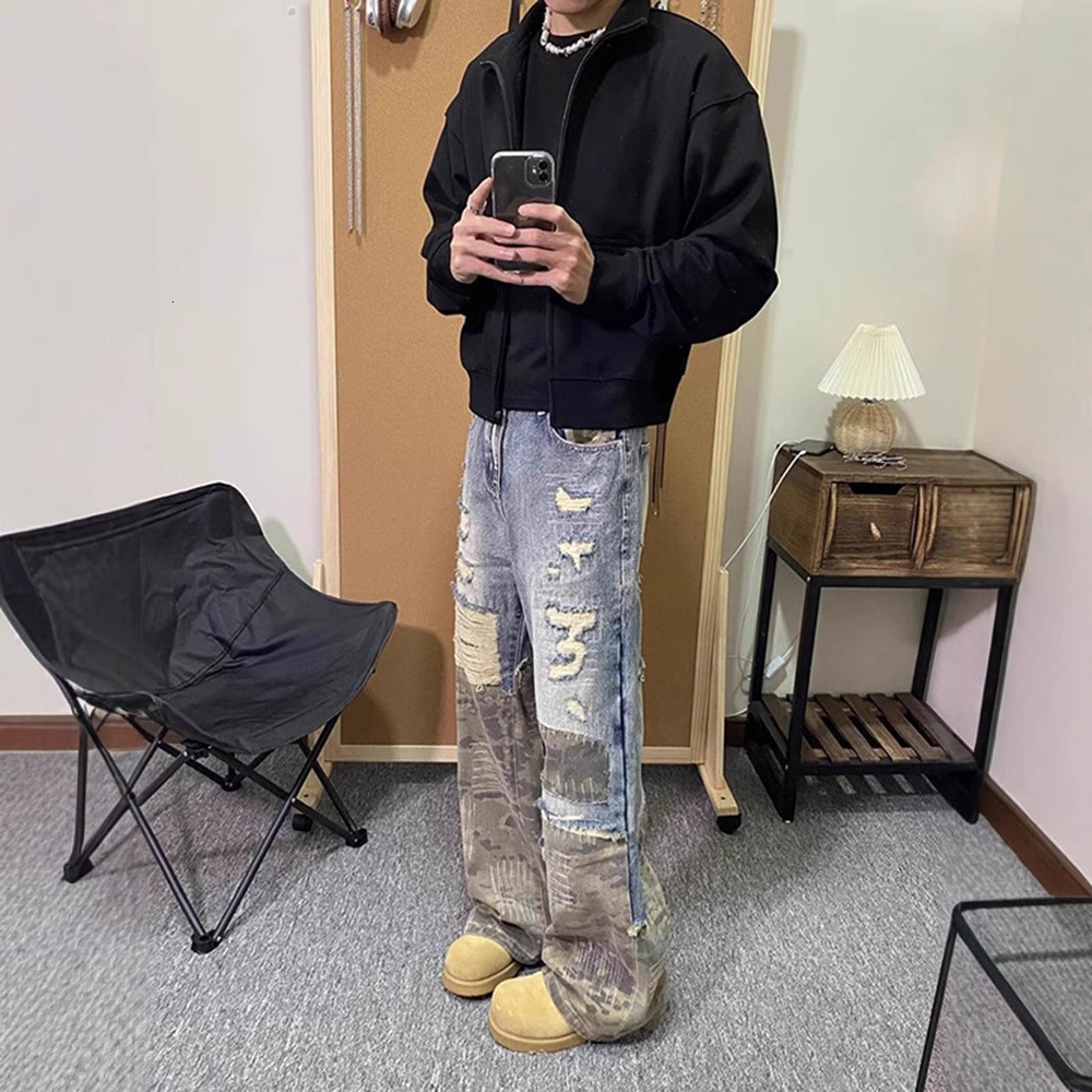 American Style Fake TwoPiece Pants Design Sense HighEnd Camouflage Patchwork Jeans Mens Cleanfit StraightLeg Pants y250823