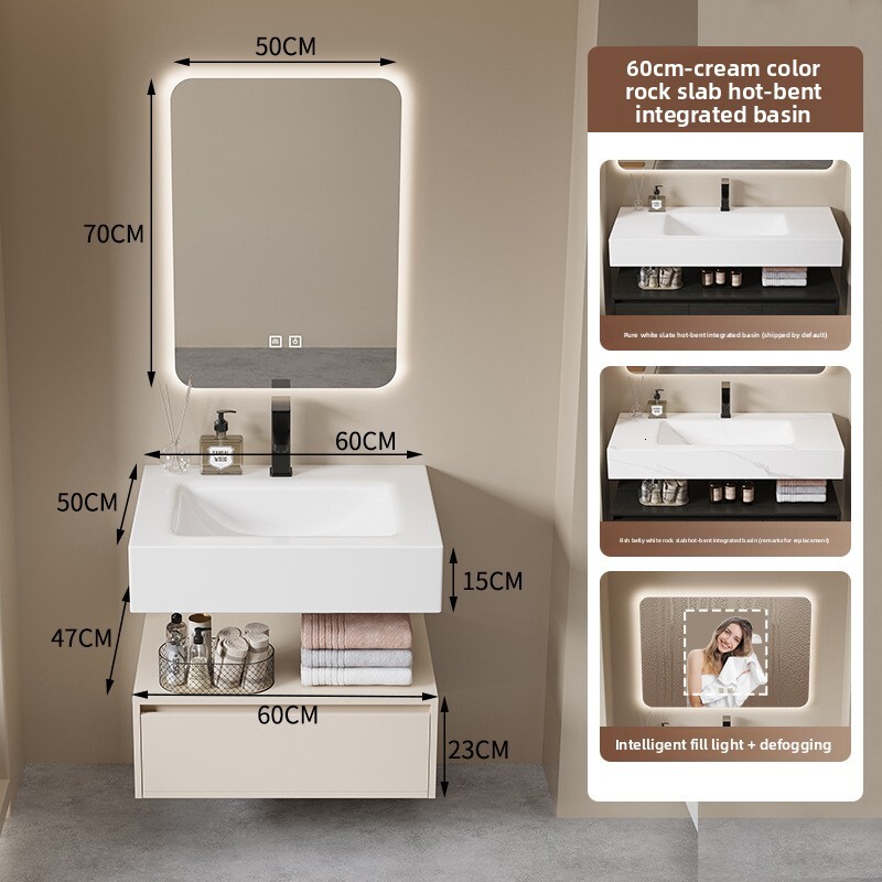 Bathroom Cabinet with Rock Slab Curved Integrated Basin, Multi-layer Solid Wood Wash Basin Set for Home Use