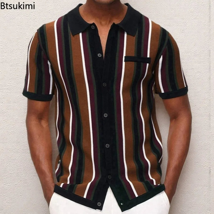 2025 Mens Striped Patchwork Knitwear Summer Men Half Zip Knit Pullovers Tshirt Man Business Casual Short Sleeve Polo Shirt 251011