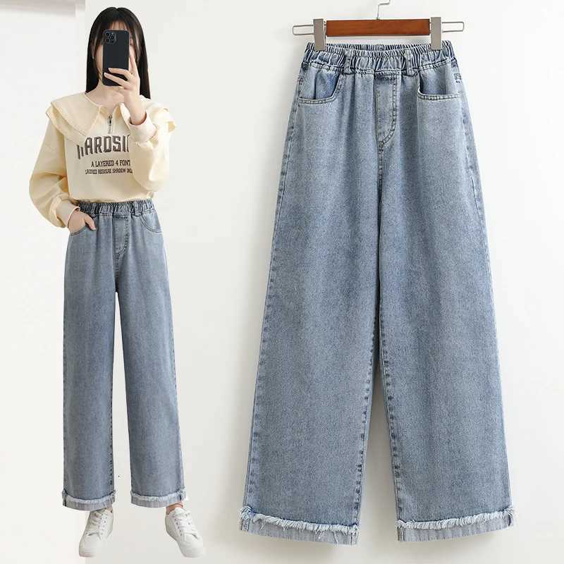Plus Size Jeans For Women New 2025 High Elastic Waist Wide Leg Denim Pants With Pockets Korean Style Fashion Tassel Loose JeansT251013