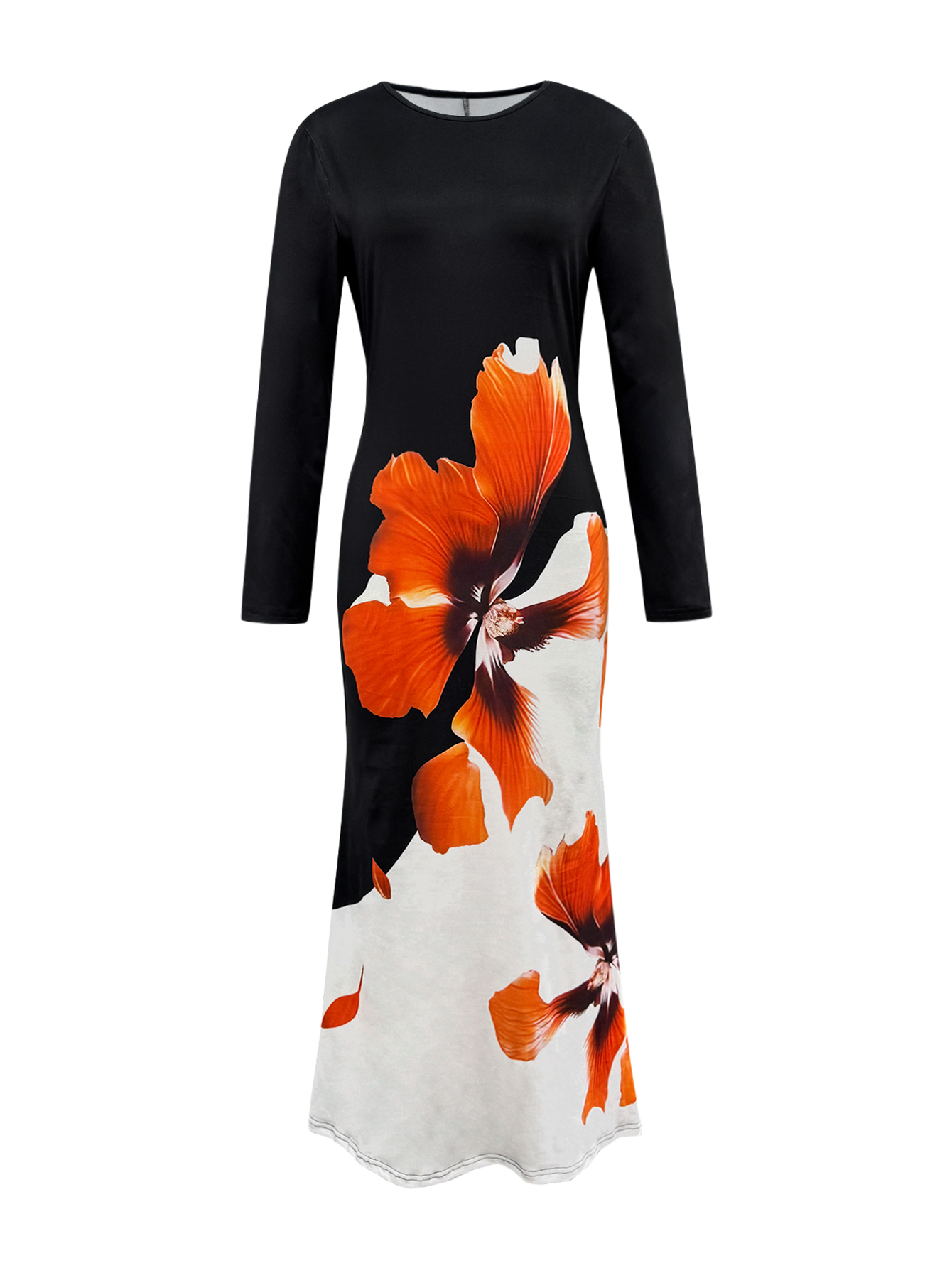 Women's Autumn Winter Fashion New Black Long - Sleeve Slim Midi Dress - Large Floral Printed Elegant Temperament DressCF55192