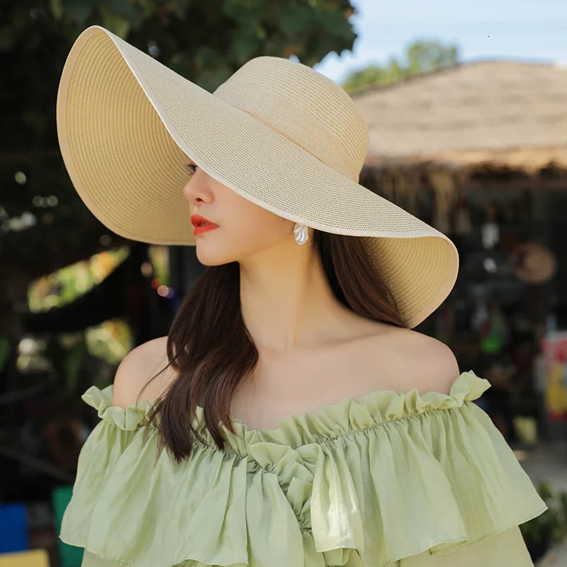 15CM Wide Brim Beach Straw Hats For Women Simple Foldable Summer Outing Sun Hat Fashion Flat Brom Bowknot Uv Protection Panama 251013