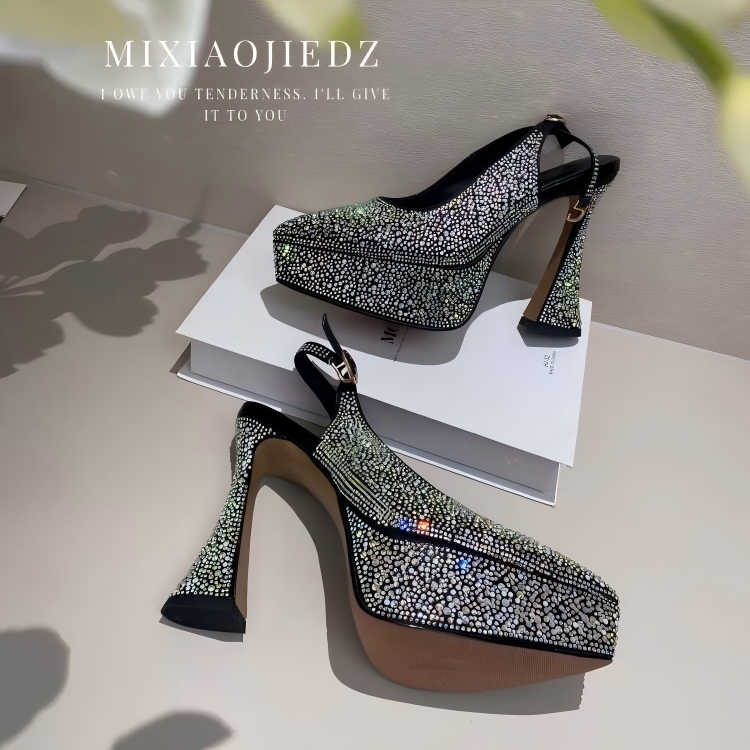 Women's Fashion Rhinestone - Embellished High - Heel Pumps - Pointed - Toe Slingback Platform Party Shoes-998