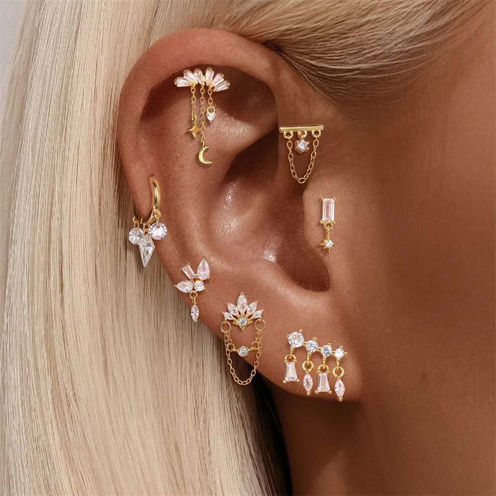 CANNER 1PC 925 Sterling Silver Tassel Chain Eight Pointed Stars Moon Earrings For Women Ins Horse Eye Geometric Zircon Earring W251013