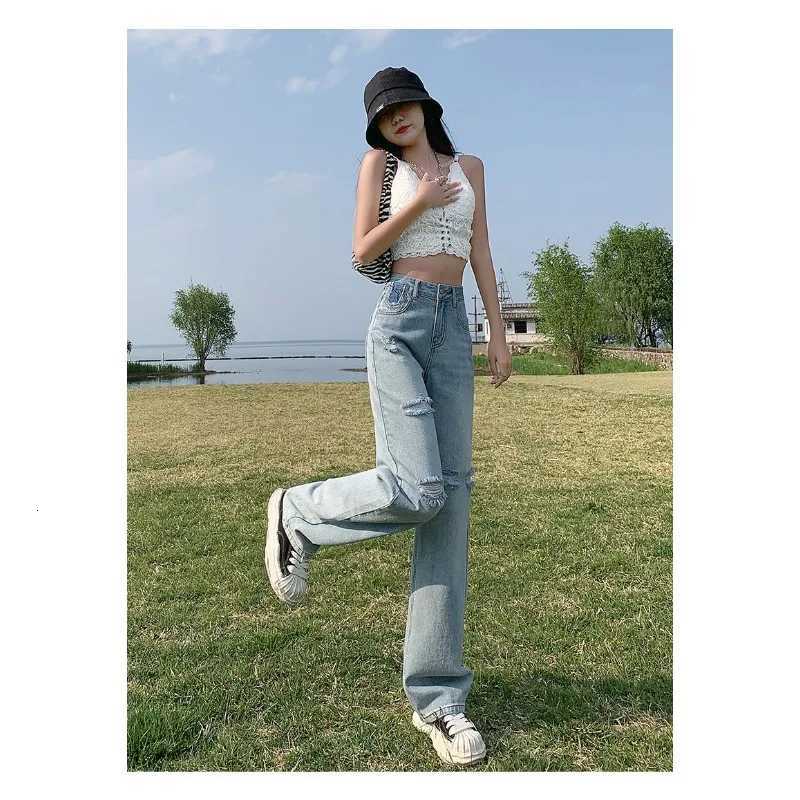 Loose Straight Leg High Waist Casual Distressed Denim Pants Women 2025 New Oversized Wide Leg Drag Floor Length TrousersT251013