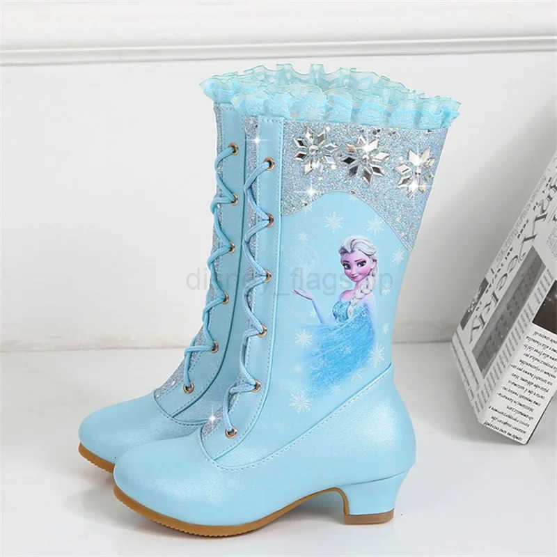 Disney Girls Leather Boots Winter Frozen Boots Side Zipper High Plush Princess Elsa Boots Warm Childrens Boots Size 2737XJ251013