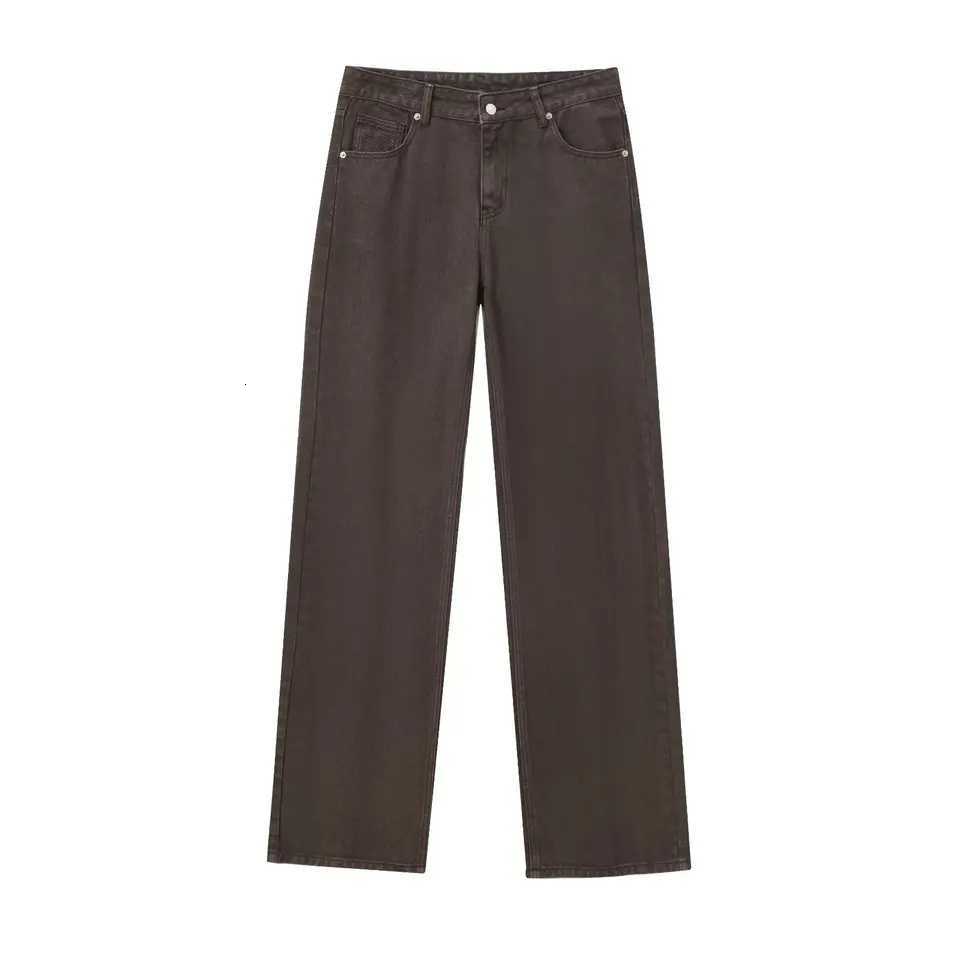 Maxdutti Fashion Ladies Commuting Mom Jeans Minimalist Retro Brown Washed Denim Pants Medium Waist Straight Jeans WomenT251013